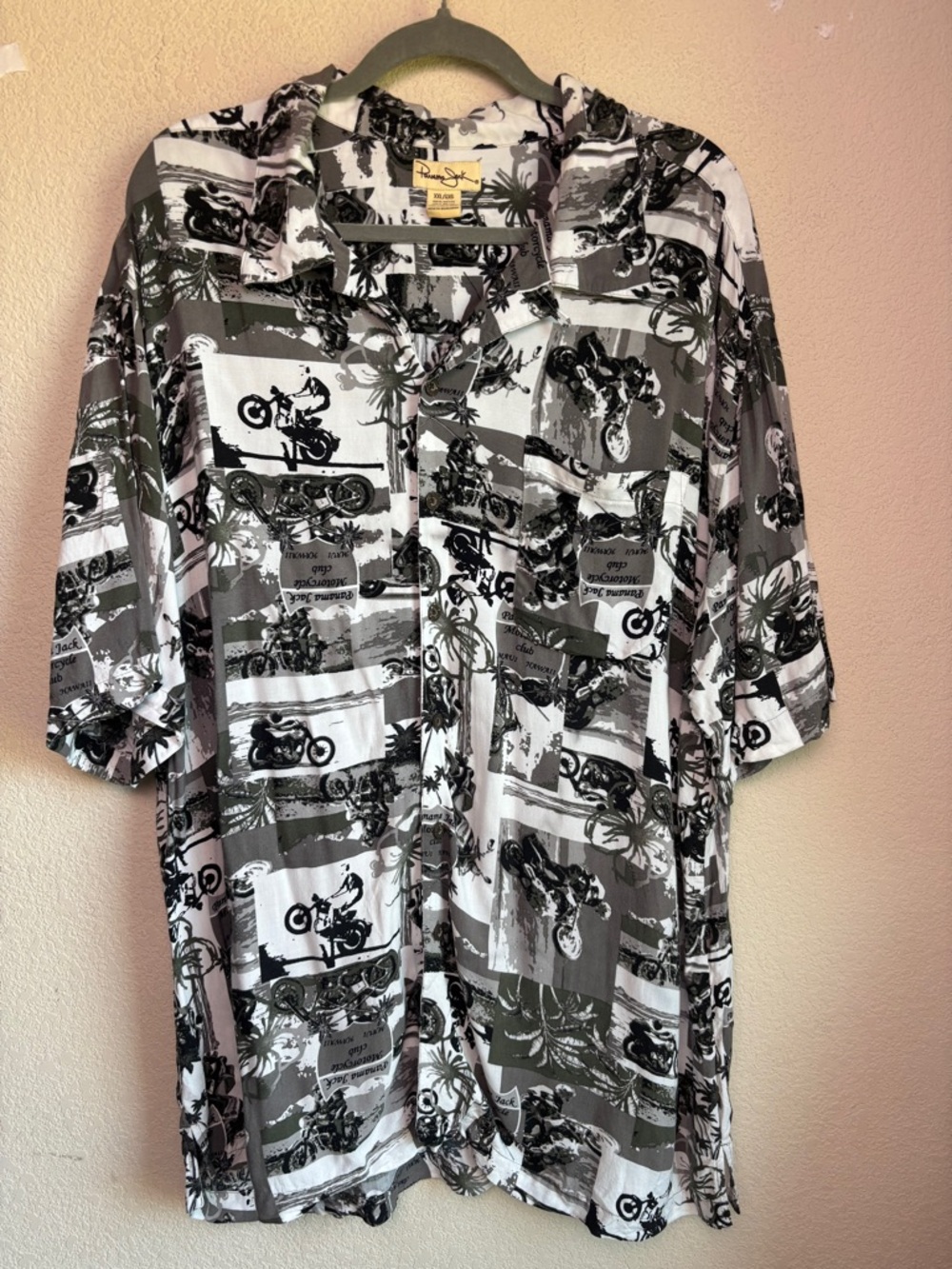 Panama Jack Black And White Vintage Motorcycle Tropical Print Button Down Xxl
